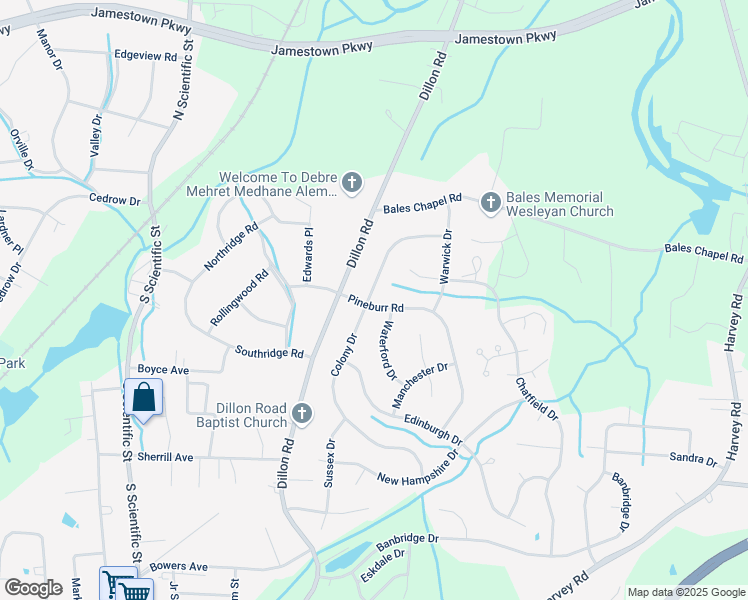 map of restaurants, bars, coffee shops, grocery stores, and more near 3300 Colony Drive in Jamestown