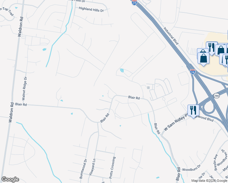 map of restaurants, bars, coffee shops, grocery stores, and more near 283-434 Blair Road in La Vergne