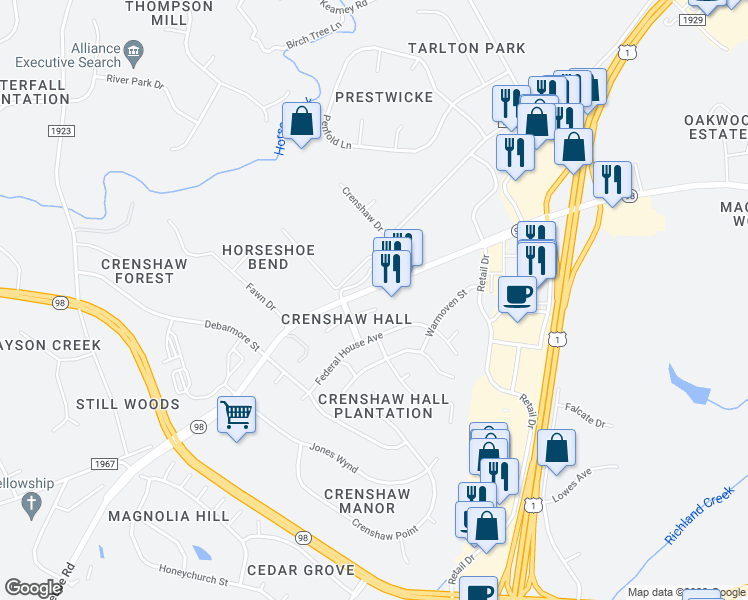 map of restaurants, bars, coffee shops, grocery stores, and more near 908 Plummer Court in Wake Forest