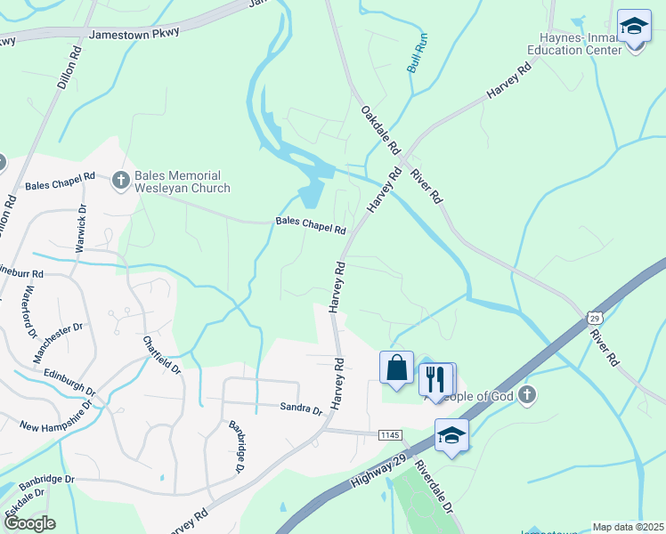 map of restaurants, bars, coffee shops, grocery stores, and more near 5010 Harvey Road in Jamestown
