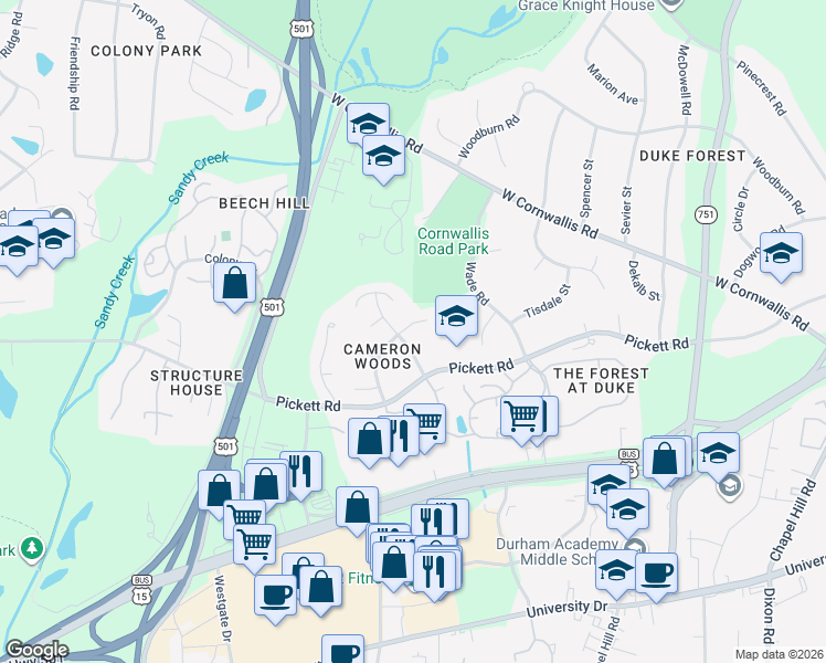 map of restaurants, bars, coffee shops, grocery stores, and more near 2713 Ashland Drive in Durham