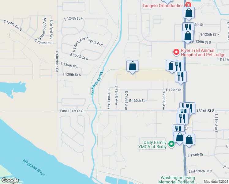 map of restaurants, bars, coffee shops, grocery stores, and more near 12904 South 73rd East Avenue in Bixby