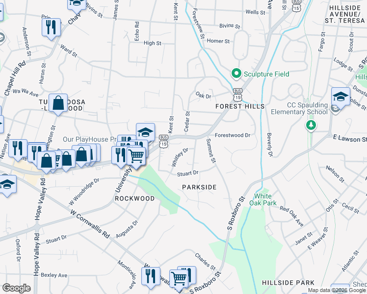map of restaurants, bars, coffee shops, grocery stores, and more near 2208 Whitley Drive in Durham