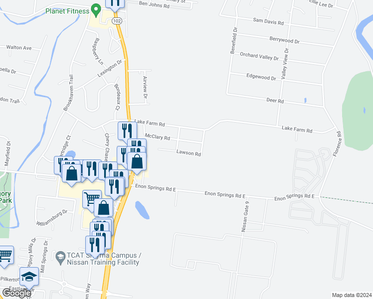 map of restaurants, bars, coffee shops, grocery stores, and more near 425 Lawson Road in Smyrna