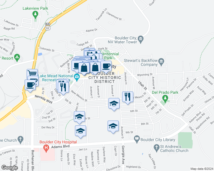 map of restaurants, bars, coffee shops, grocery stores, and more near 623 California Avenue in Boulder City