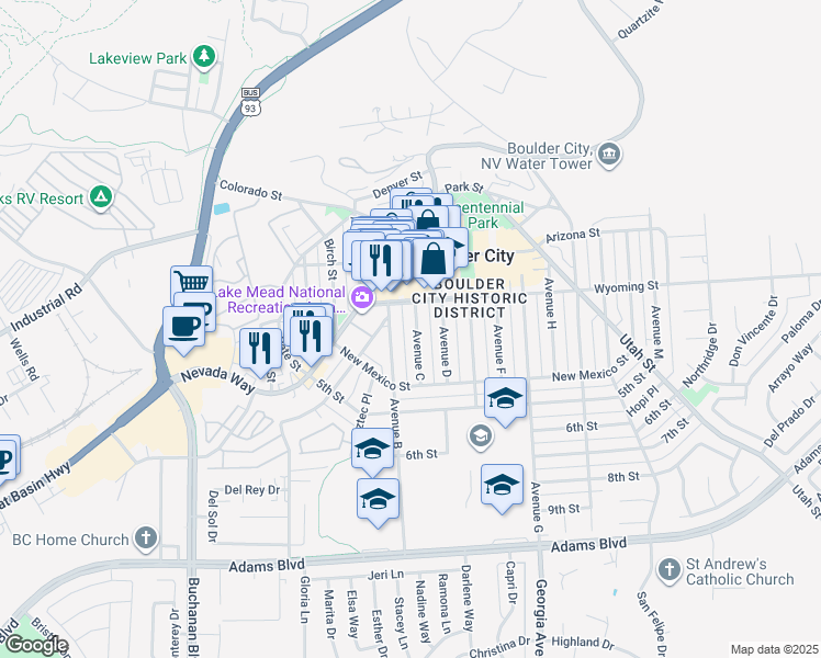 map of restaurants, bars, coffee shops, grocery stores, and more near 620 Avenue C in Boulder City
