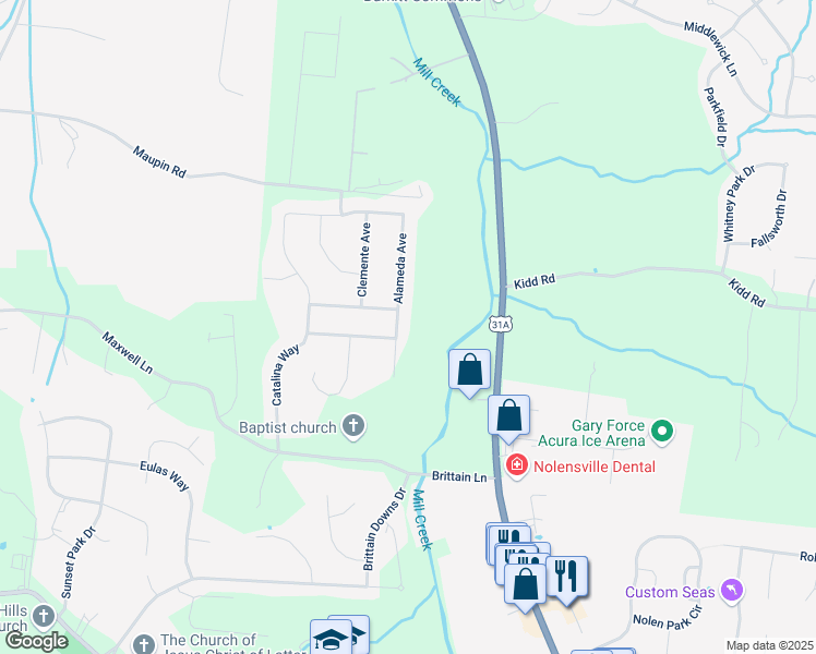 map of restaurants, bars, coffee shops, grocery stores, and more near 720 Alameda Avenue in Nolensville
