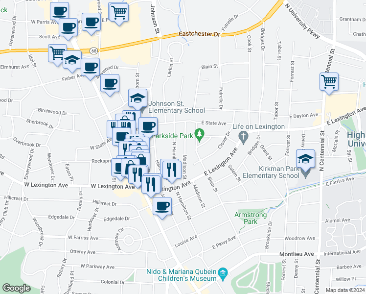 map of restaurants, bars, coffee shops, grocery stores, and more near 1427 Madison Street in High Point