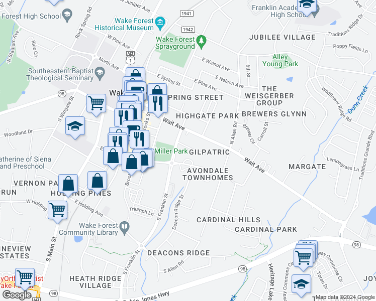 map of restaurants, bars, coffee shops, grocery stores, and more near 518 East Jones Avenue in Wake Forest