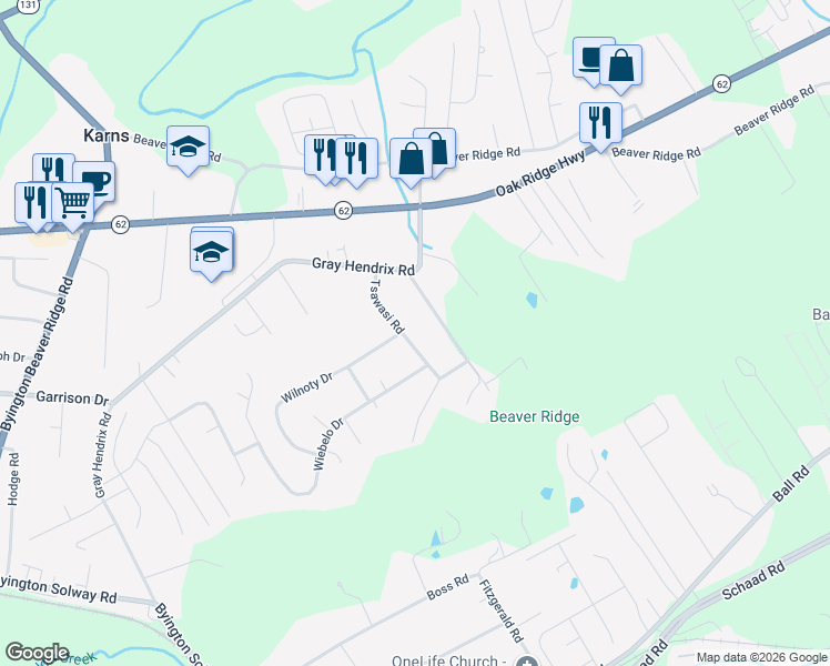map of restaurants, bars, coffee shops, grocery stores, and more near 2618 Tsawasi Road in Knoxville