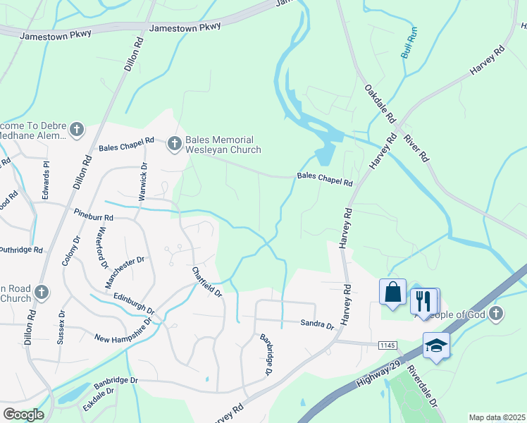 map of restaurants, bars, coffee shops, grocery stores, and more near 5311 Adrian Road in Jamestown