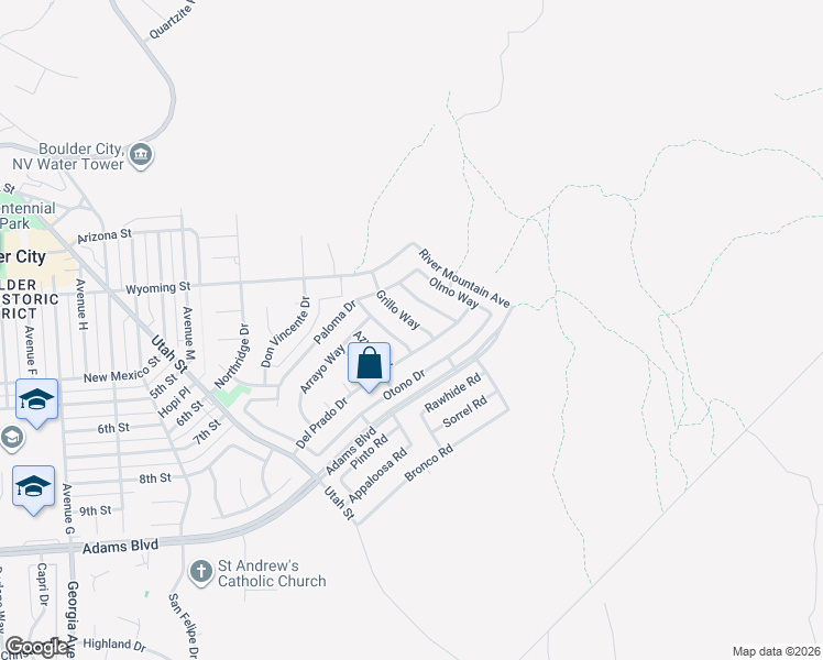 map of restaurants, bars, coffee shops, grocery stores, and more near 1124 Grillo Way in Boulder City