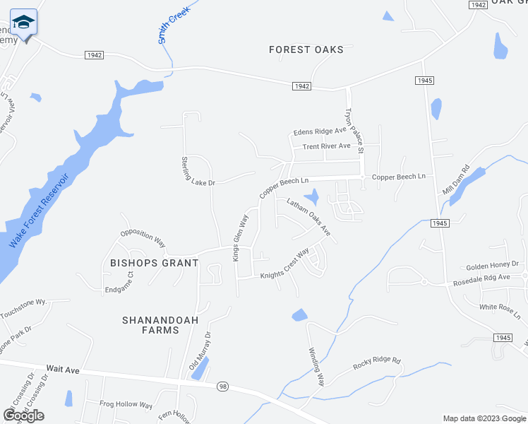 map of restaurants, bars, coffee shops, grocery stores, and more near 903 Copper Beech Lane in Wake Forest