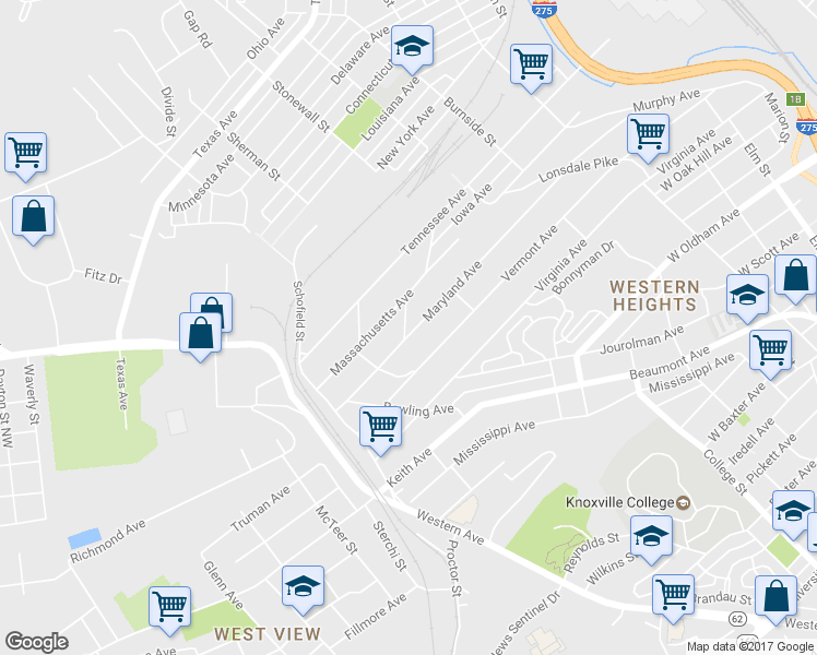map of restaurants, bars, coffee shops, grocery stores, and more near 1751 Maryland Avenue Northwest in Knoxville