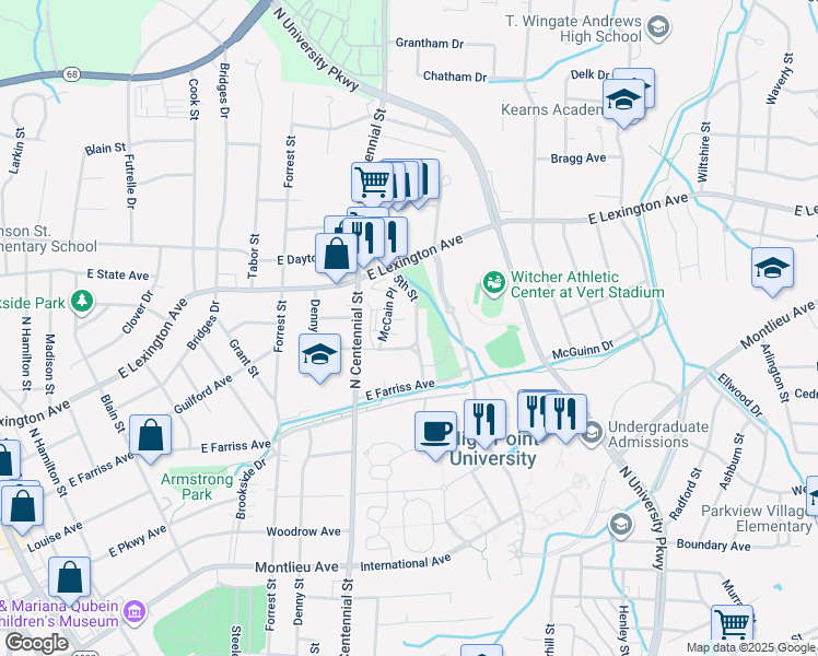 map of restaurants, bars, coffee shops, grocery stores, and more near 1205 5th Street in High Point