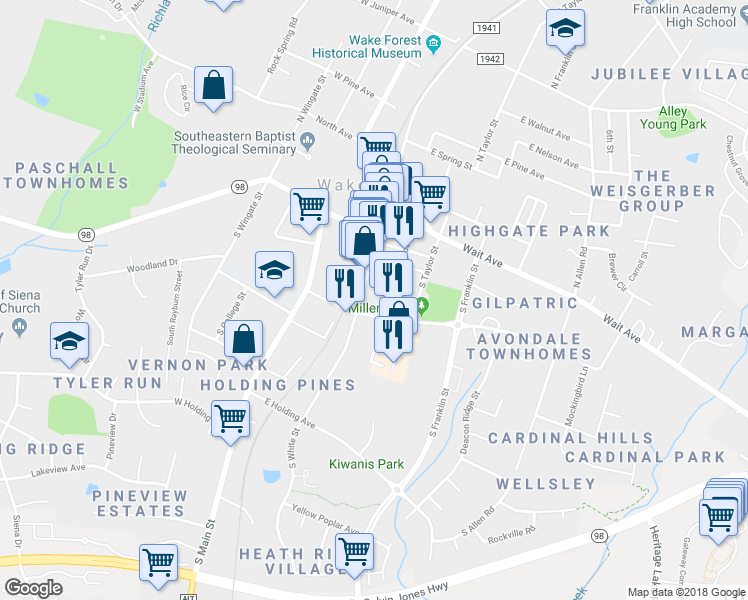 map of restaurants, bars, coffee shops, grocery stores, and more near 343 South White Street in Wake Forest