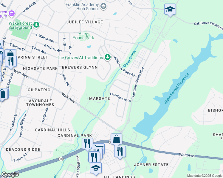 map of restaurants, bars, coffee shops, grocery stores, and more near 909 Lemongrass Lane in Wake Forest