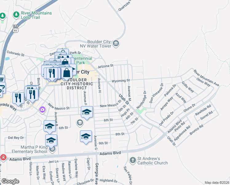 map of restaurants, bars, coffee shops, grocery stores, and more near 628 Ave K in Boulder City