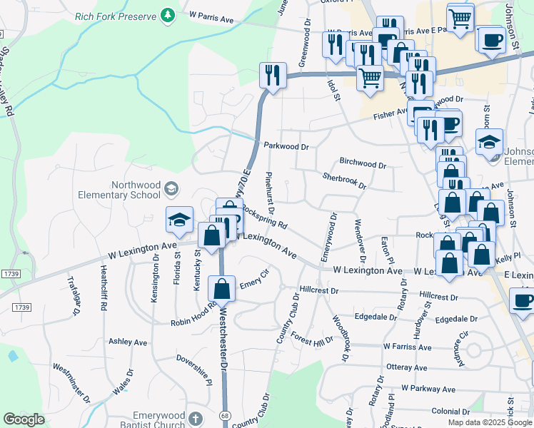map of restaurants, bars, coffee shops, grocery stores, and more near 700 Rockspring Road in High Point