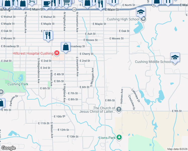 map of restaurants, bars, coffee shops, grocery stores, and more near 504 South Michigan Avenue in Cushing