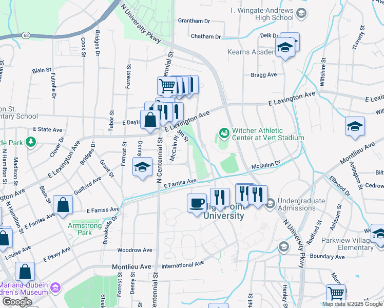map of restaurants, bars, coffee shops, grocery stores, and more near 1206 5th Street in High Point