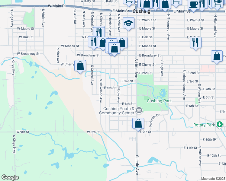 map of restaurants, bars, coffee shops, grocery stores, and more near 508 S Harrison Ave in Cushing