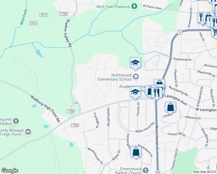 map of restaurants, bars, coffee shops, grocery stores, and more near 1607 Heathgate Court in High Point