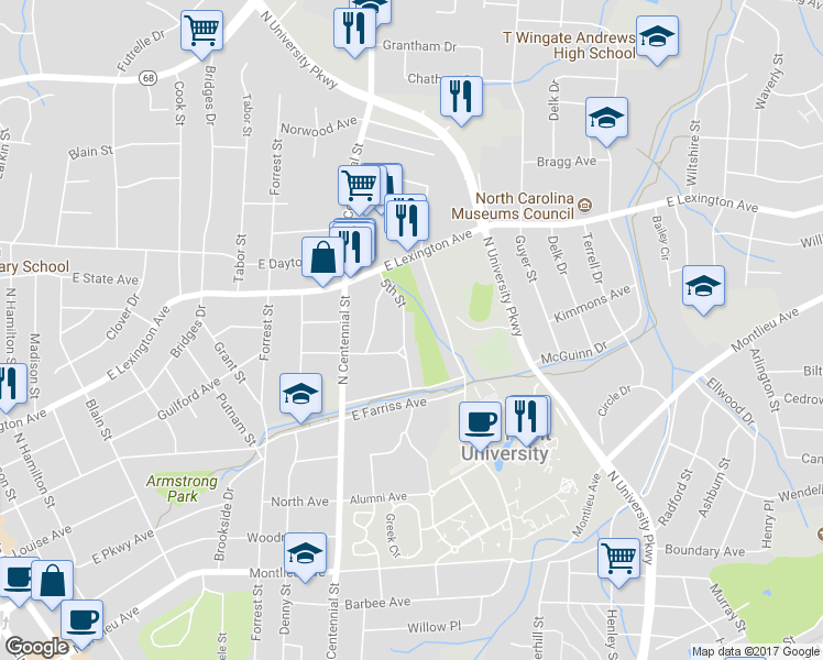 map of restaurants, bars, coffee shops, grocery stores, and more near 1206 5th Street in High Point