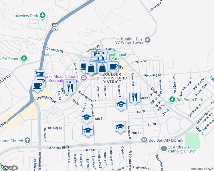 map of restaurants, bars, coffee shops, grocery stores, and more near in Boulder City