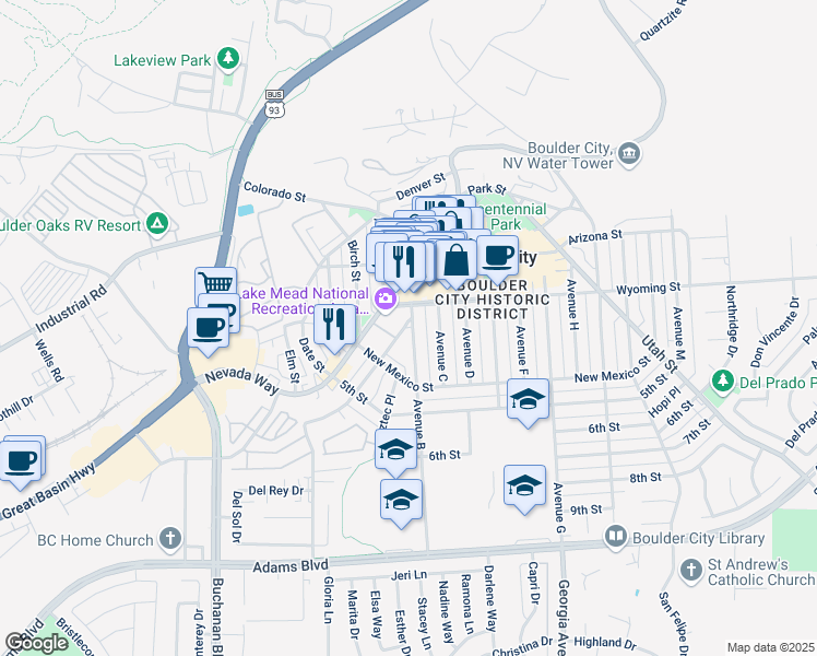 map of restaurants, bars, coffee shops, grocery stores, and more near in Boulder City