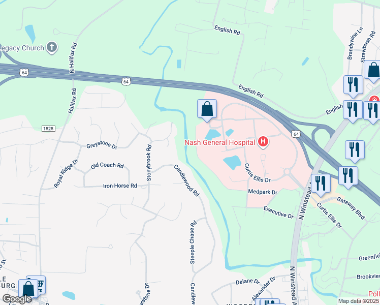 map of restaurants, bars, coffee shops, grocery stores, and more near Edgewater Drive in Rocky Mount