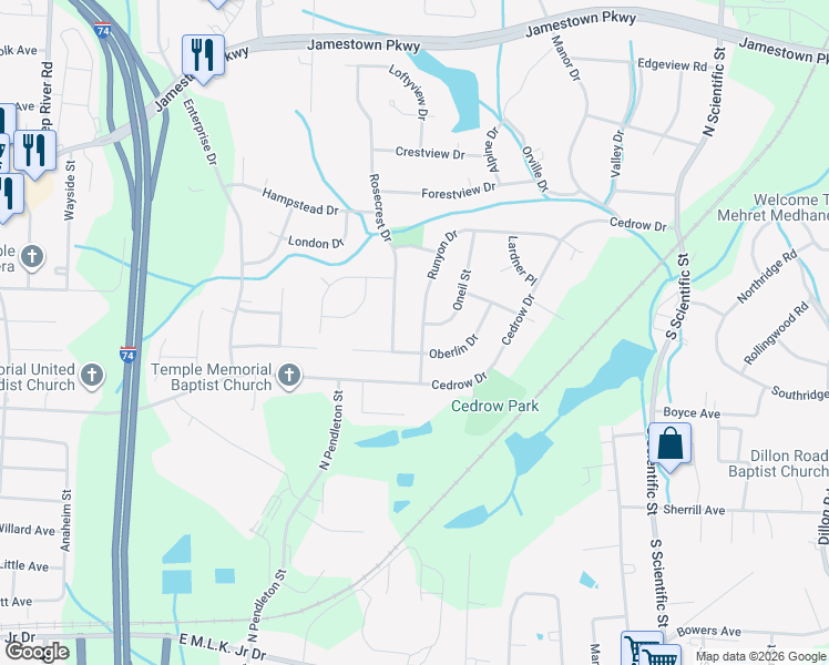 map of restaurants, bars, coffee shops, grocery stores, and more near 505 Runyon Drive in High Point