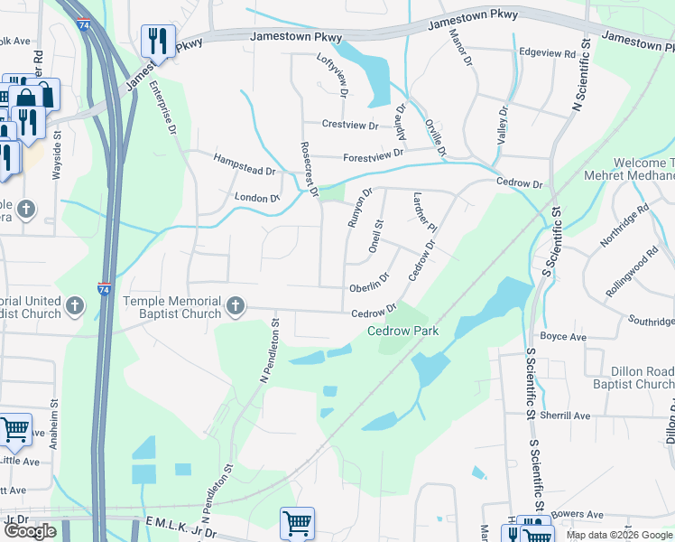 map of restaurants, bars, coffee shops, grocery stores, and more near 505 Runyon Drive in High Point