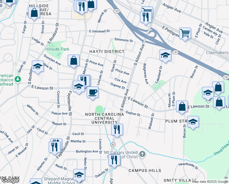 map of restaurants, bars, coffee shops, grocery stores, and more near 819 East Lawson Street in Durham