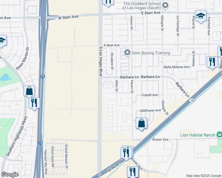 map of restaurants, bars, coffee shops, grocery stores, and more near 25 Barbara Lane in Las Vegas