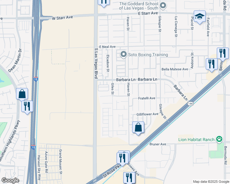 map of restaurants, bars, coffee shops, grocery stores, and more near 57 Foxworth Court in Las Vegas