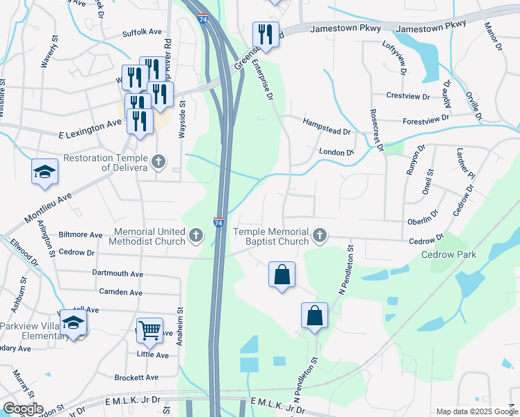 map of restaurants, bars, coffee shops, grocery stores, and more near 607 Birdwood Way in High Point