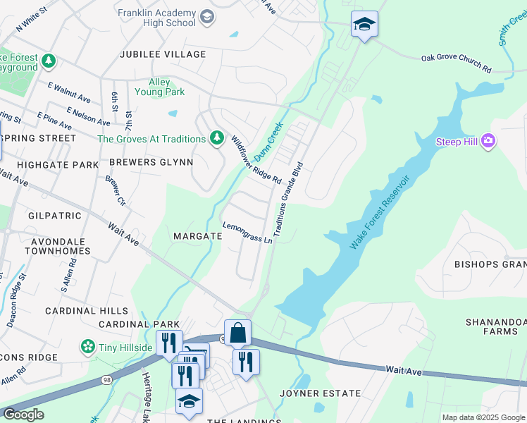 map of restaurants, bars, coffee shops, grocery stores, and more near 325 Springtime Fields Lane in Wake Forest