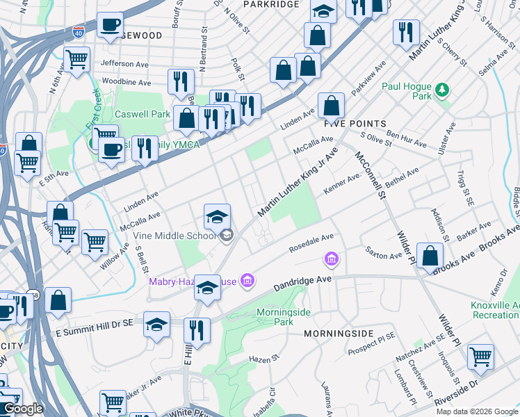 map of restaurants, bars, coffee shops, grocery stores, and more near 1935 Martin Luther King Junior Avenue in Knoxville