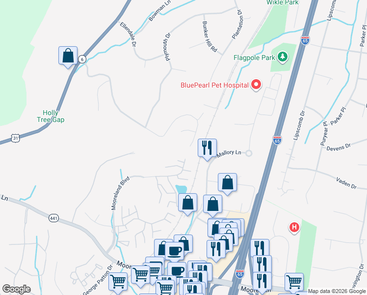 map of restaurants, bars, coffee shops, grocery stores, and more near 7097 Willowick Drive in Brentwood