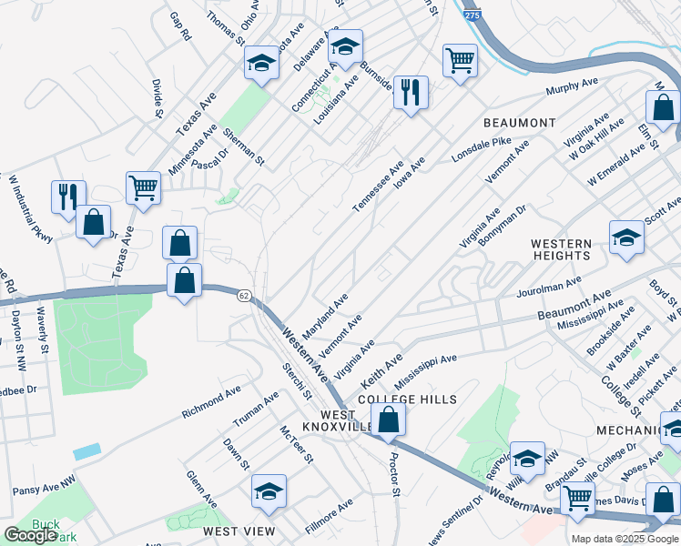 map of restaurants, bars, coffee shops, grocery stores, and more near 1926 Massachusetts Ave in Knoxville