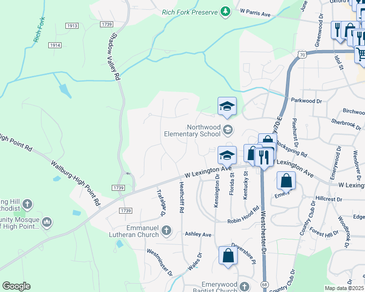 map of restaurants, bars, coffee shops, grocery stores, and more near 1607 Heathgate Court in High Point