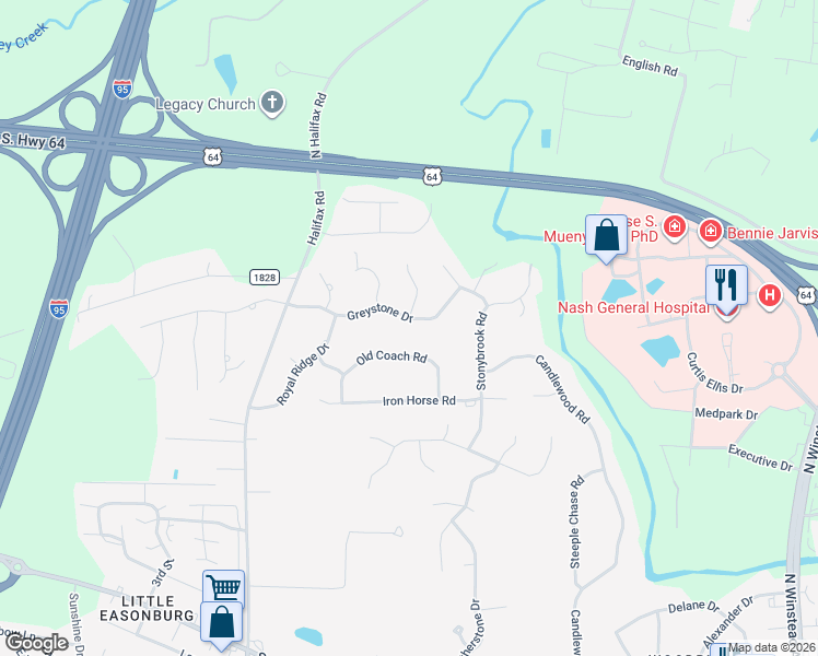 map of restaurants, bars, coffee shops, grocery stores, and more near 2925 Greystone Drive in Rocky Mount