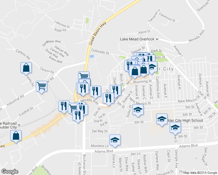 map of restaurants, bars, coffee shops, grocery stores, and more near 517 Date St in Boulder City