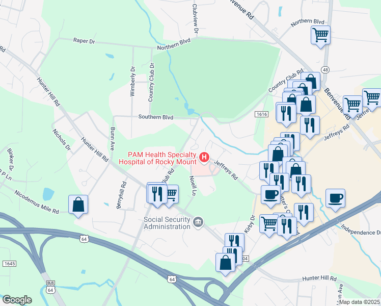 map of restaurants, bars, coffee shops, grocery stores, and more near 128 Cobblestone Ct in Rocky Mt
