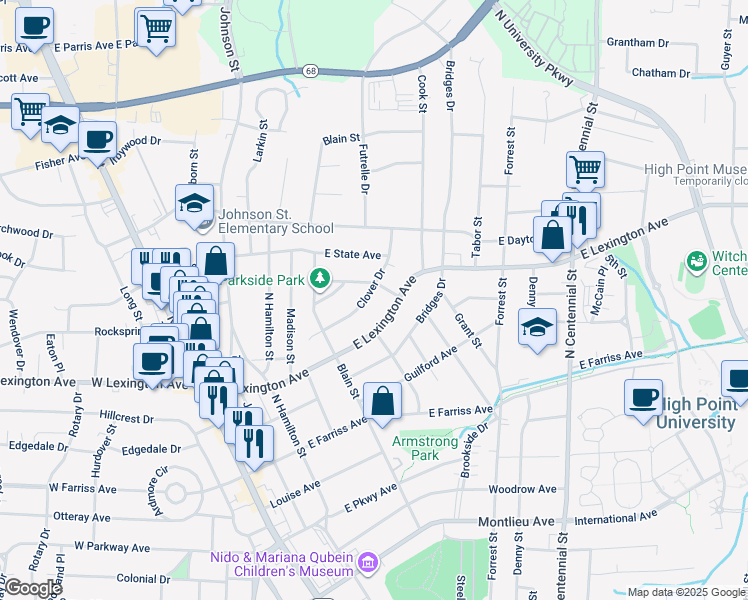 map of restaurants, bars, coffee shops, grocery stores, and more near 522 Clover Drive in High Point