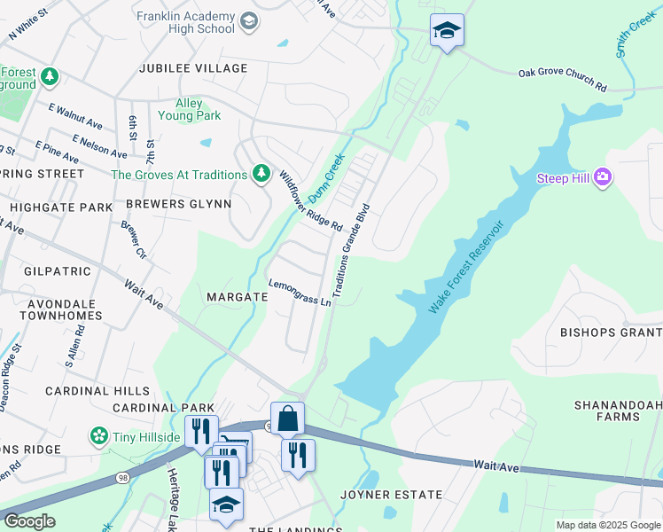 map of restaurants, bars, coffee shops, grocery stores, and more near 325 Springtime Fields Lane in Wake Forest