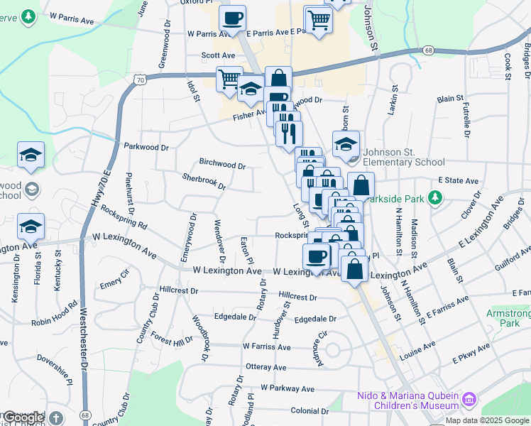 map of restaurants, bars, coffee shops, grocery stores, and more near 306 West State Avenue in High Point