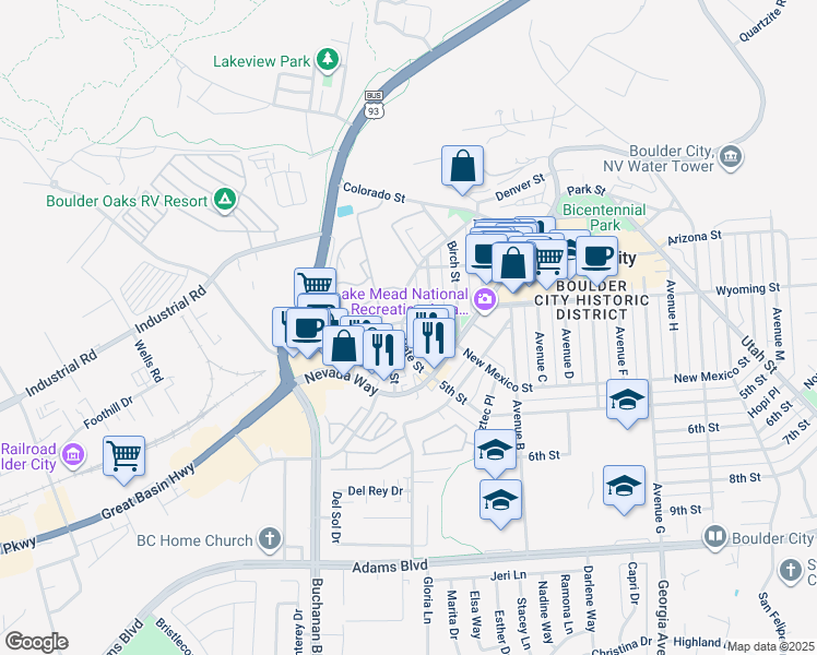 map of restaurants, bars, coffee shops, grocery stores, and more near 517 Date Street in Boulder City