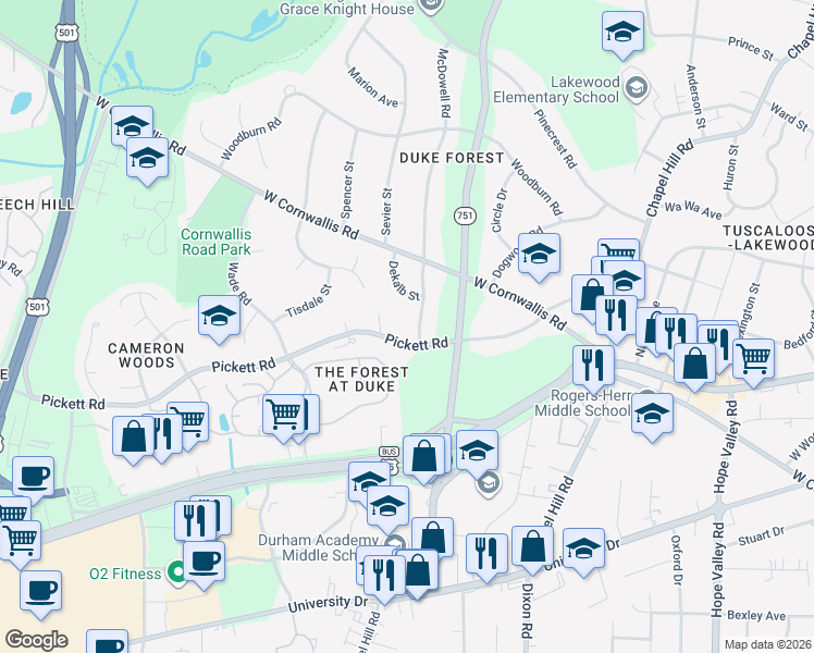 map of restaurants, bars, coffee shops, grocery stores, and more near 2828 McDowell Road in Durham